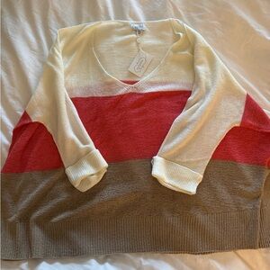 NWT mud pie One Size Colorblock V-Neck Sweater - Cream, Red, and Brown